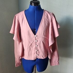 Zara Dusty-Pink A Shell Button-Up Small Cropped Blouse with Ruffle Long Sleeves